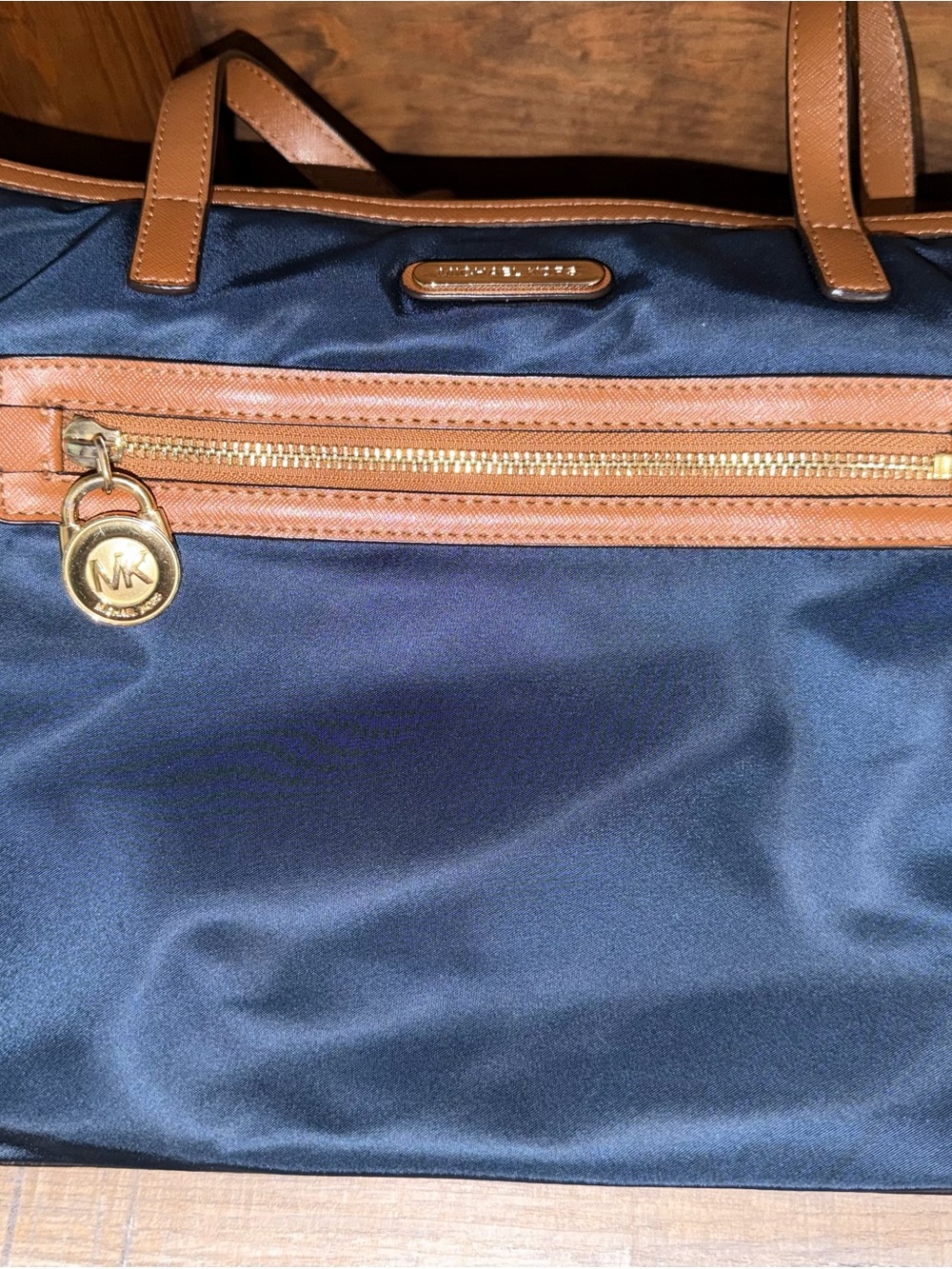 Michael Kors Navy and Tan Laptop Tote with Gold Hardware